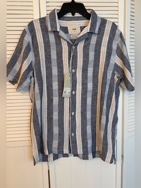 Men’s Folk Blue Stripe Button-up, Linen Blend, NWT